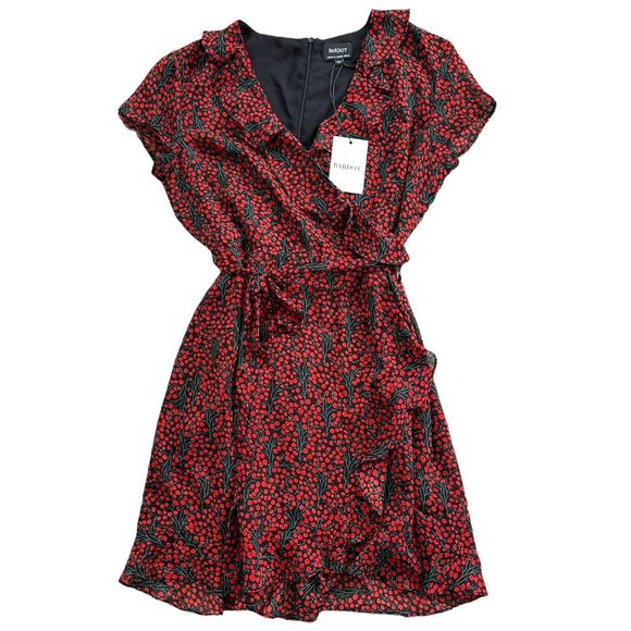 Bardot Dresses & Skirts - Bardot Cherry Print Mini Wrap Dress Ruffle Red Black Size 12 NWT
